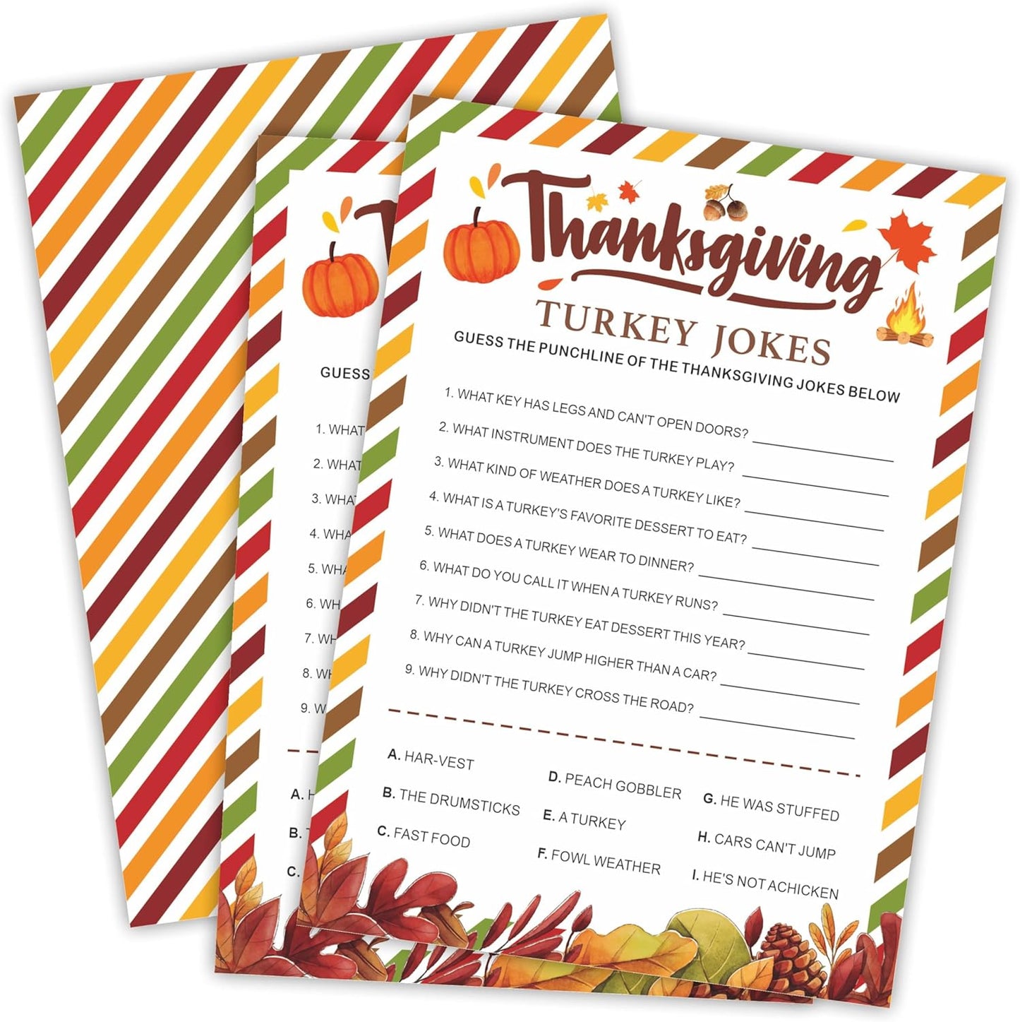 Thanksgiving Scavenger Hunt Game Set, 30 Harvest Stripes Theme Double-Sided Game Cards for Thanksgiving Parties, Family, Friends & Classroom Activities -B04