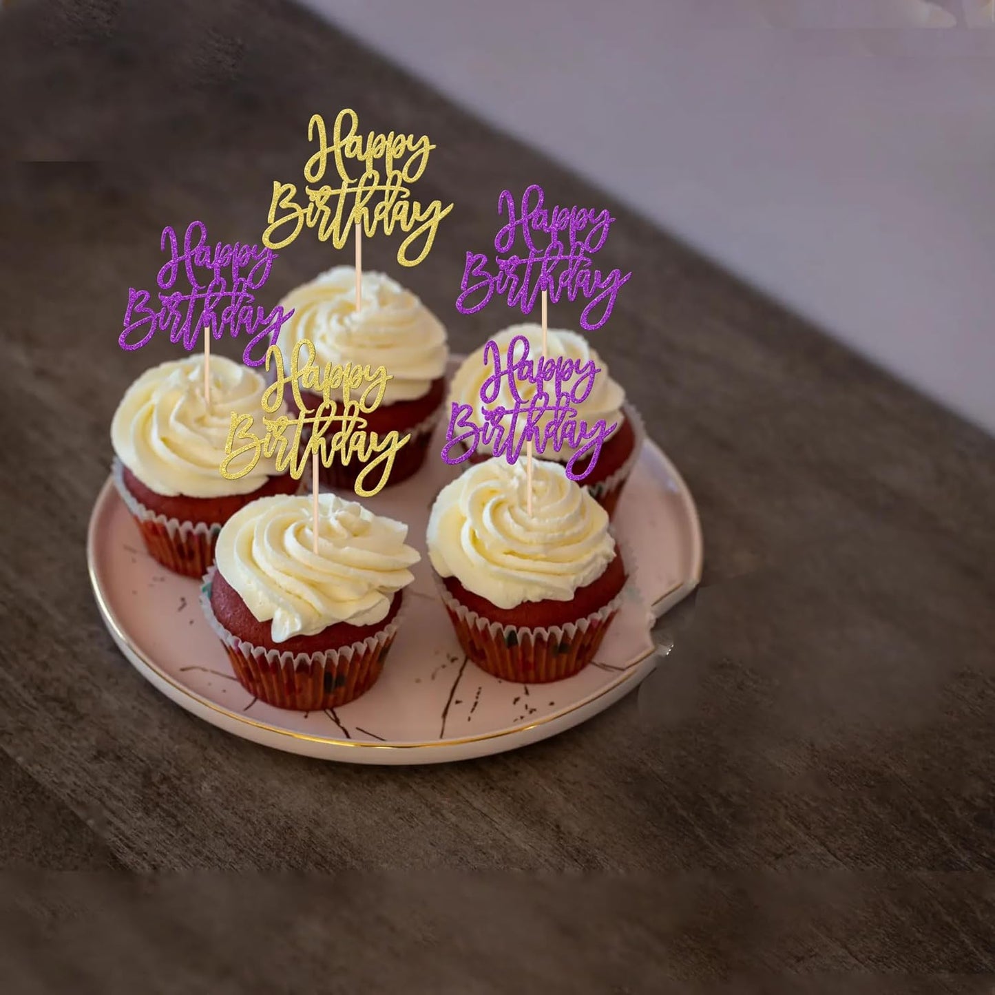 24 PCS Happy Birthday Cupcake Toppers Glitter Picks for Celebrating Anniversary Theme Party Cake Decorations Supplies Gold