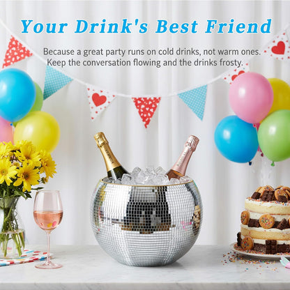 9.8 Inch Disco Ball Ice Bucket, Mirror Silver Cooler for Wine, Beer & Champagne, Perfect Retro Party Accessory