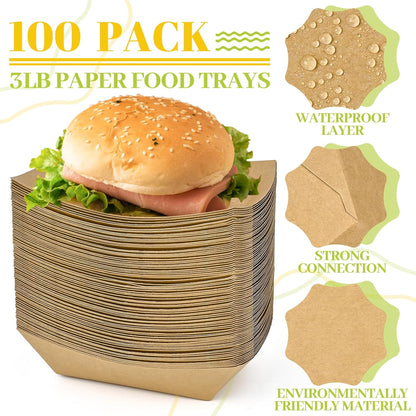 Ocmoiy 1lb Paper Food Trays, 100 Pack Heavy Duty Kraft Food Boats Holders Disposable Serving Basket Trays for Nachos, Fries, BBQ, Festivals, Party