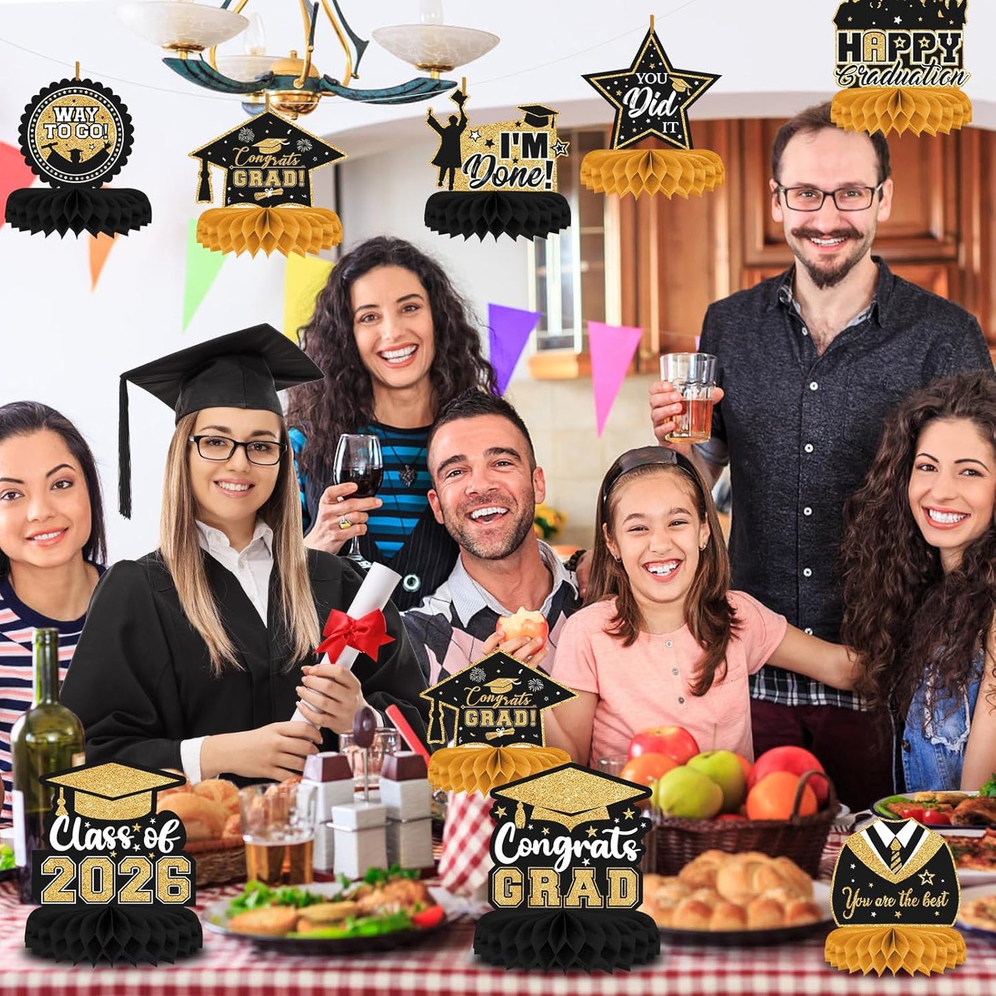 8 Pieces Class of 2026 Graduation Table Decorations - 2026 Congrats Grad Honeycomb Centerpieces, Red Black Graduation Table Toppers Decor for 2026 Graduation Party Decorations Favor Supplies