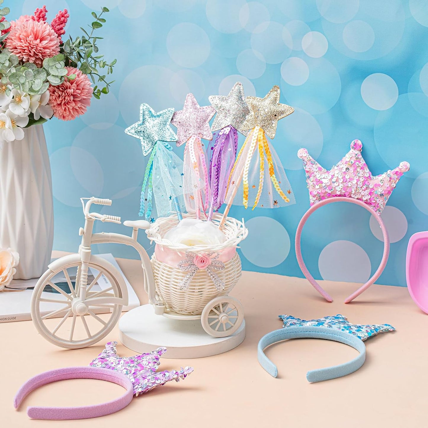 Hollowfly 12 Pcs Princess Party Favors Including 6 Glitter Star Fairy Wands and 6 Sequin Princess Crown Headbands for Girls Birthday Party Gifts