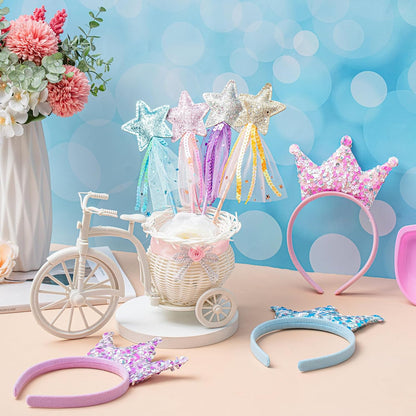 Hollowfly 12 Pcs Princess Party Favors Including 6 Glitter Star Fairy Wands and 6 Sequin Princess Crown Headbands for Girls Birthday Party Gifts
