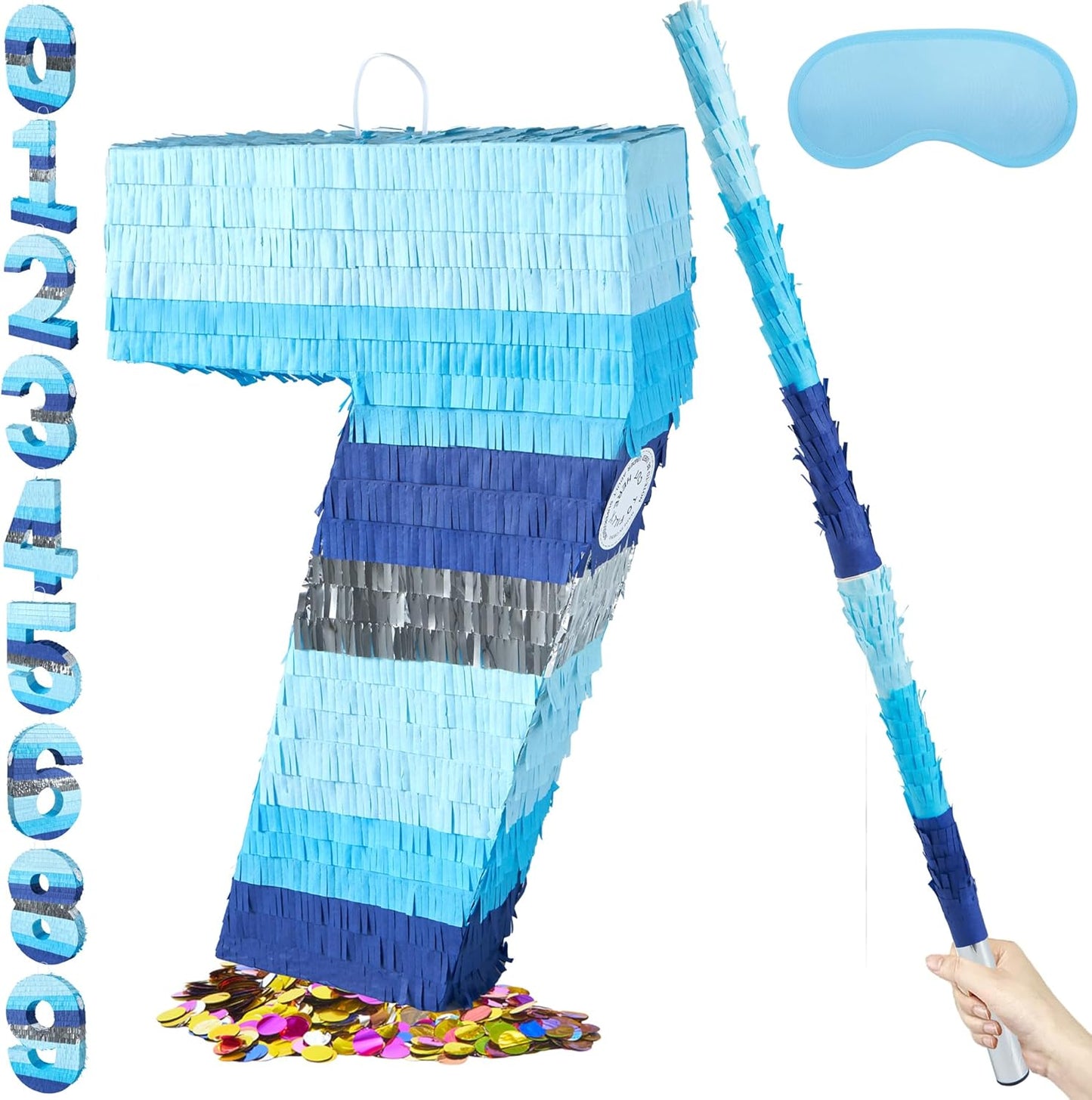 PCFING 20 Inch Number 3 Piñata Blue Silver with 30 Inch Piñata Stick Blindfold Confetti for Boys Girls Adults Birthday Party Decorations, Anniversary Celebration, Fiesta