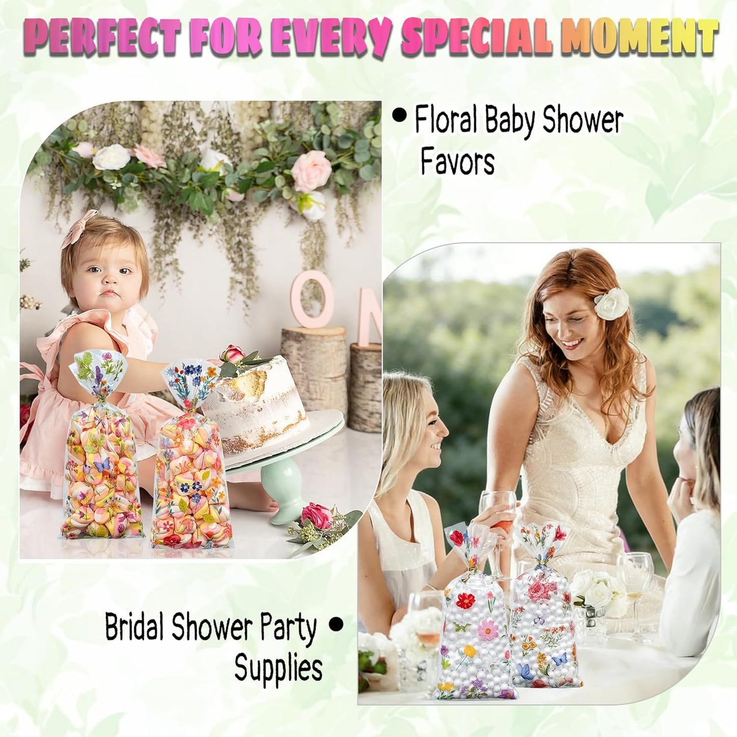 Soarvita Wildflower Cellophane Treat Bags: 50Pack Clear Plastic Floral Goodie Bags with 60 Ties for Cookies Snacks & Gift Packaging, Spring Candy Bag for Baby Bridal Shower Wedding Party Favors