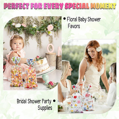 Soarvita Wildflower Cellophane Treat Bags: 50Pack Clear Plastic Floral Goodie Bags with 60 Ties for Cookies Snacks & Gift Packaging, Spring Candy Bag for Baby Bridal Shower Wedding Party Favors
