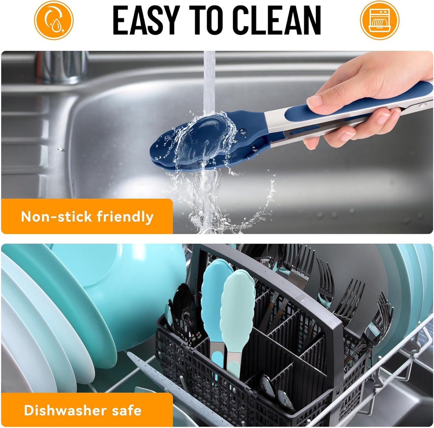 Hotec Mini Silicone Kitchen Tongs for Cooking - 7-Inch Small Serving Tongs with Silicone Tips, Set of 3 (Blue)