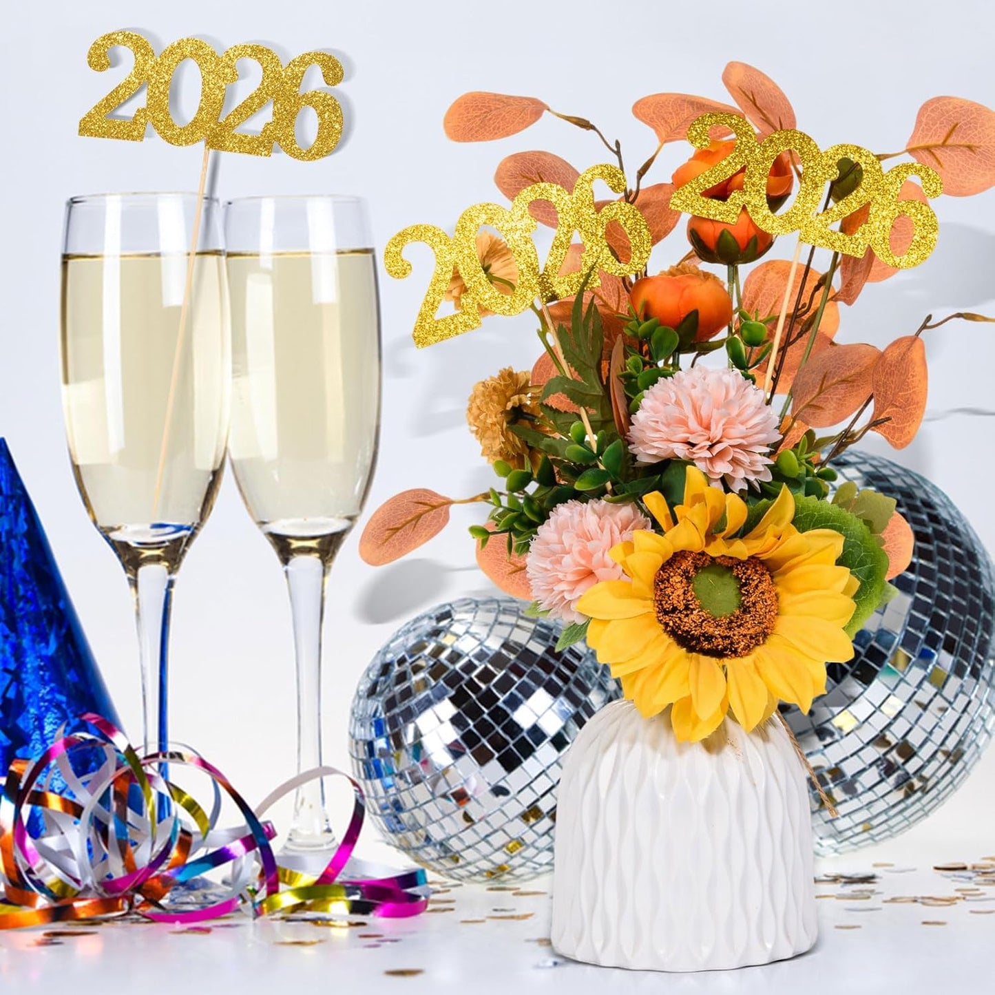 12 Pieces Glitter 2026 Centerpiece Sticks Black Double Sided 2026 Graduation Party Sticks 2026 Floral Picks Table Centerpiece Topper for 2026 Graduation New Year Party Decoration Supplies,4.9x9.1"