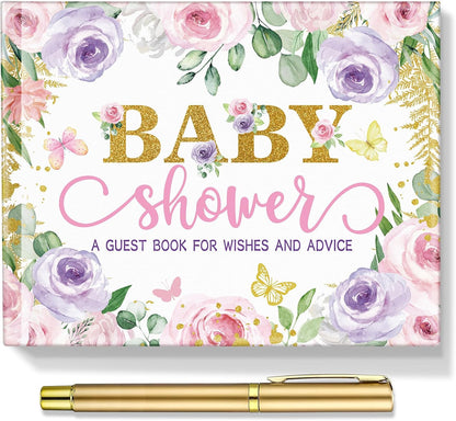 Fuyoooo 27 Pcs Safari Animal Baby Shower Guest Book Set Baby Shower Sign in Guest Floral Book Place Table Cards with Gold Pen Adhesive Photo Corner for Birthday Party