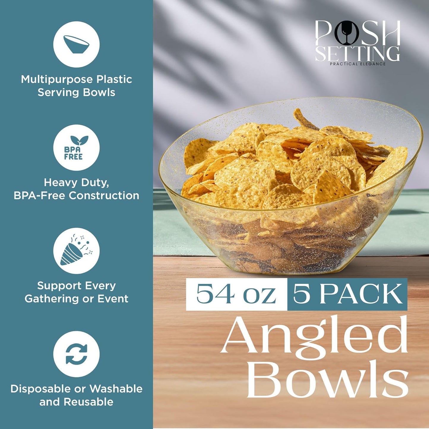 Posh Setting Crystal Clear, Disposable Premium Hard Plastic Medium Angled Bowl, Party, Salad, Snack and Fruit Bowl 5 Pack