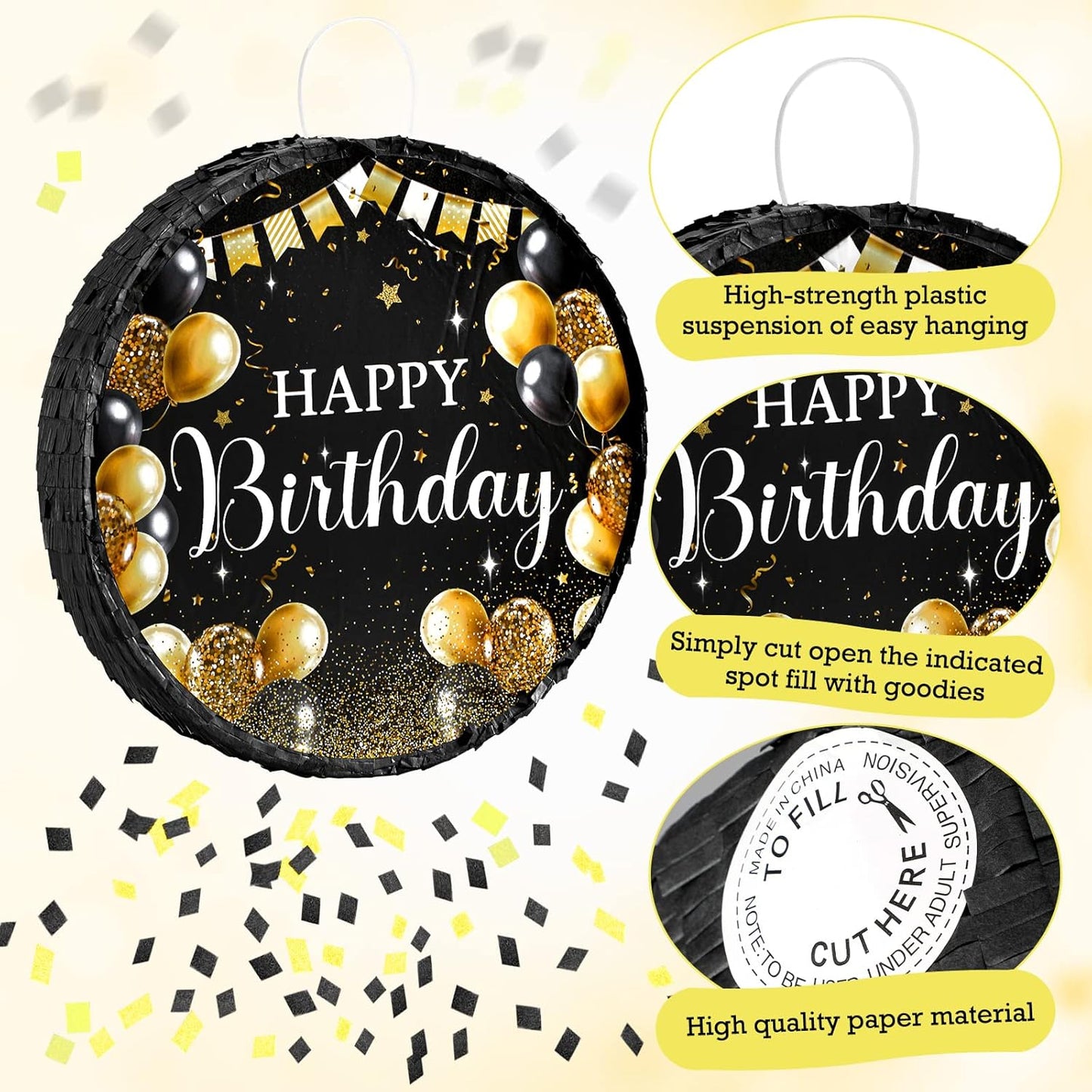 Sinmoe Birthday Piñata with Stick Blindfold and Confetti Large Piñata for Adult Men Women Birthday Party Supplies Decoration Wedding Anniversary(Black and Gold)