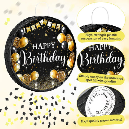 Sinmoe Birthday Piñata with Stick Blindfold and Confetti Large Piñata for Adult Men Women Birthday Party Supplies Decoration Wedding Anniversary(Black and Gold)