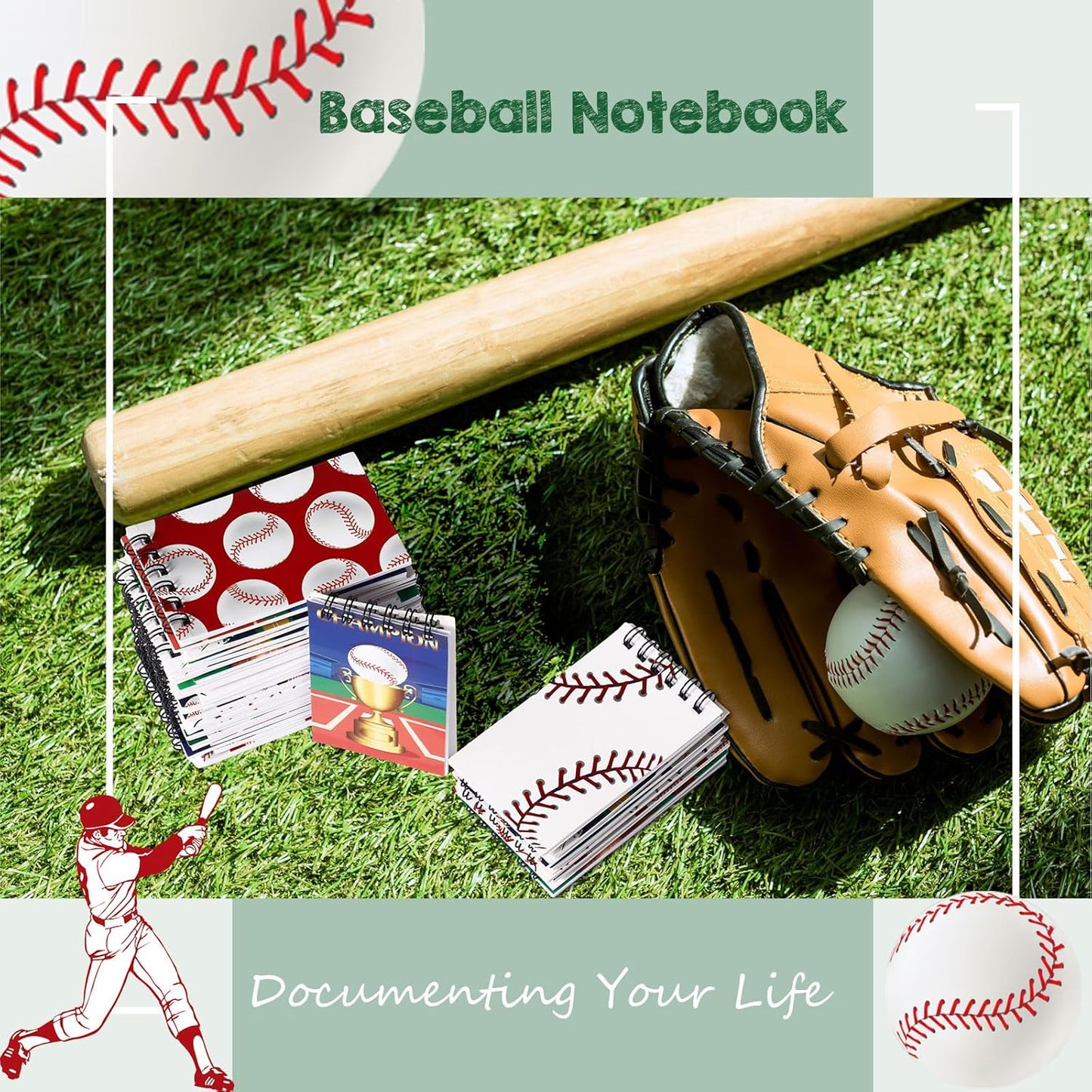 Faccito 32 Pcs Mini Notepads Sports Basketball Baseball Football Soccer Party Supplies Goodie Bag Stuffers Notepads Spiral Mini Notebooks for Reward(Baseball)