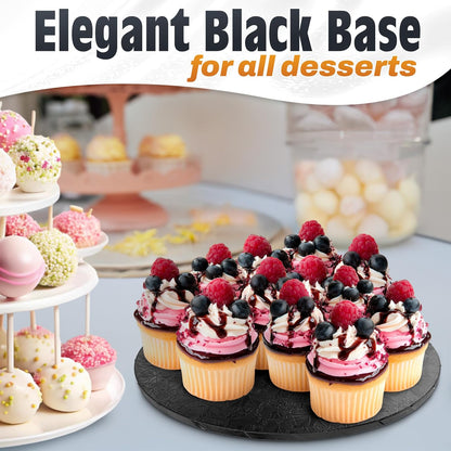 12 Inch Cake Drum, Black Cake Board for Picture-Ready Celebration Cakes, 1/2 Inch Thick Round Cardboard Base with Grease & Moisture Resistant Surface and Decorative Pattern for Parties and Weddings