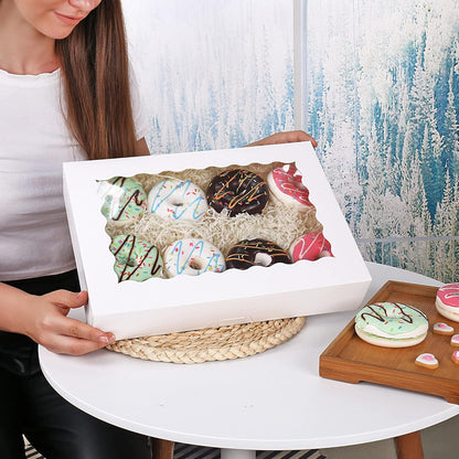 Tcoivs 20-Pack Bakery Boxes 14" x 10" x 2.5", Cookie Boxes, Auto-Popup Treat Boxes with Window for Donuts, Pies, Cakes, Muffins, and Pastries (White)