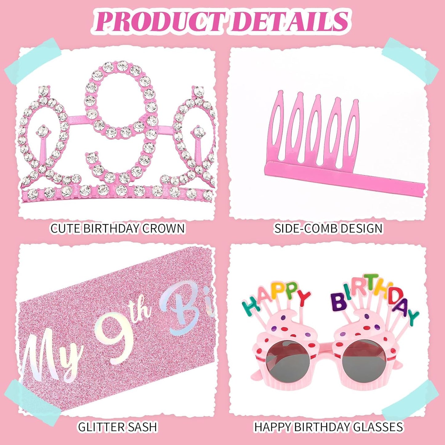 YARIEW 3rd Birthday Decorations, 3rd Glitter Purple Sash and Crown Kit with Happy Birthday Sunglasses, Tiara Princess Crown and Sash Party Outfit Accessory
