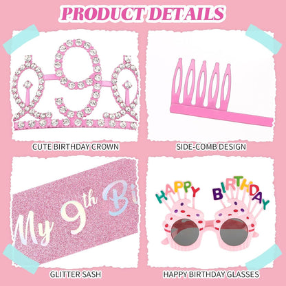 YARIEW 3rd Birthday Decorations, 3rd Glitter Purple Sash and Crown Kit with Happy Birthday Sunglasses, Tiara Princess Crown and Sash Party Outfit Accessory