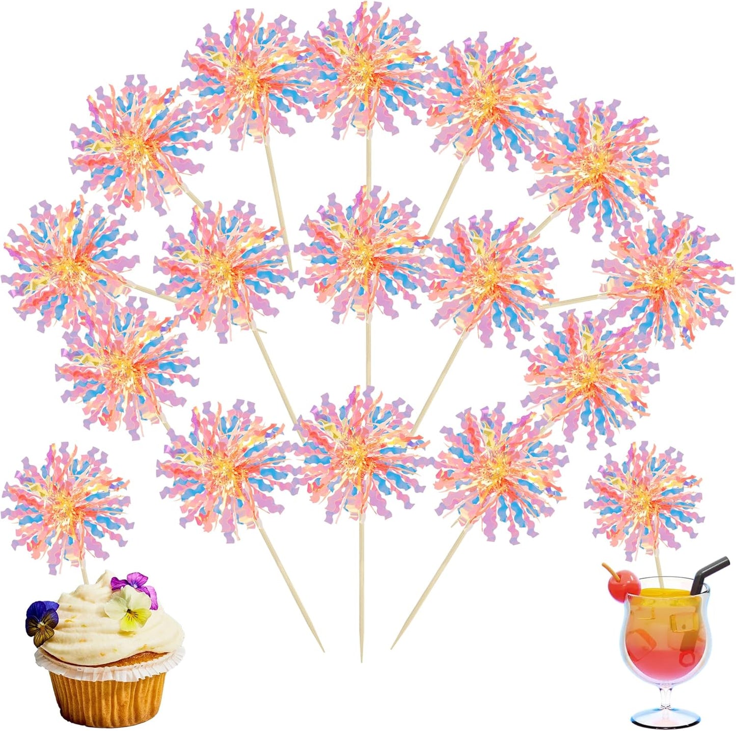 Ephlyn 30Pcs Foil Firework Cupcake Toppers Sparkle Tinsel Cupcake Picks Drink Stirrers Cocktail Food Fruit Toothpicks for Baby Shower Graduation Party Supplies White