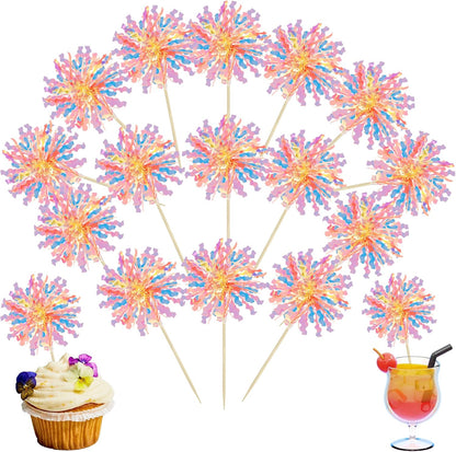 Ephlyn 30Pcs Foil Firework Cupcake Toppers Sparkle Tinsel Cupcake Picks Drink Stirrers Cocktail Food Fruit Toothpicks for Baby Shower Graduation Party Supplies White