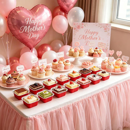 NPLUX 50 Pcs Mini Cake Pans with Lids and Spoons Aluminum Foil Mini Square Baking Cups with Lids Disposable Ramekins Cake Pans Dessert Cups for Wedding Mothers Day Gifts Party Favors(Pink,5oz)