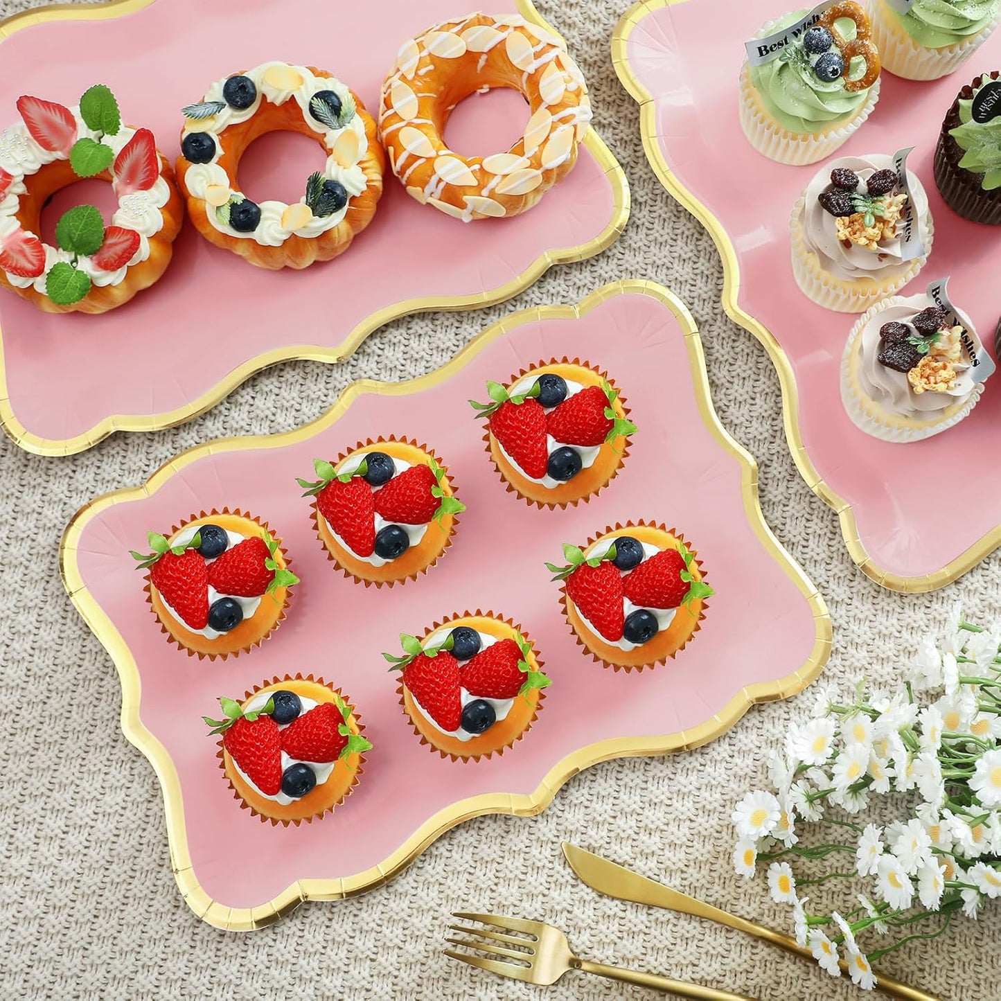 Havawish 24 Pcs 9" x 13" Pink Disposable Paper Serving Trays and Platters Food Platters for Parties White Trays Cupcake Platter Bandejas Decorativas para Fiestas for Birthday Party Weddings