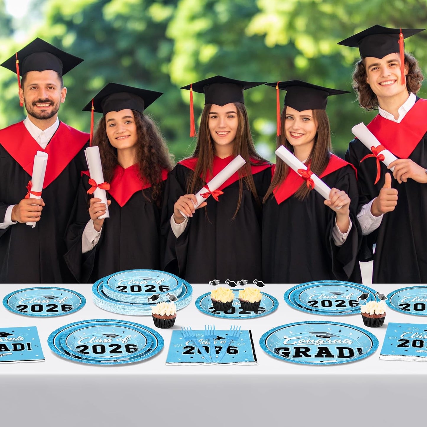 200Pcs Graduation Decorations 2026, Blue Graduation Plates and Napkins Party Supplies for 50 Guests, Disposable Grad Plates, Napkins, Dessert Plates and Forks for Grad Decor Wedding Birthday Supplies