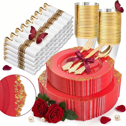 Nervure 350PCS Gold Plastic Plates - Gold Plastic Dinnerware Sets for 50 Guests - 100 Disposable Plates, 150 Silverware, 50 Cups, 50 Napkins for Wedding & Party & Mothers Day