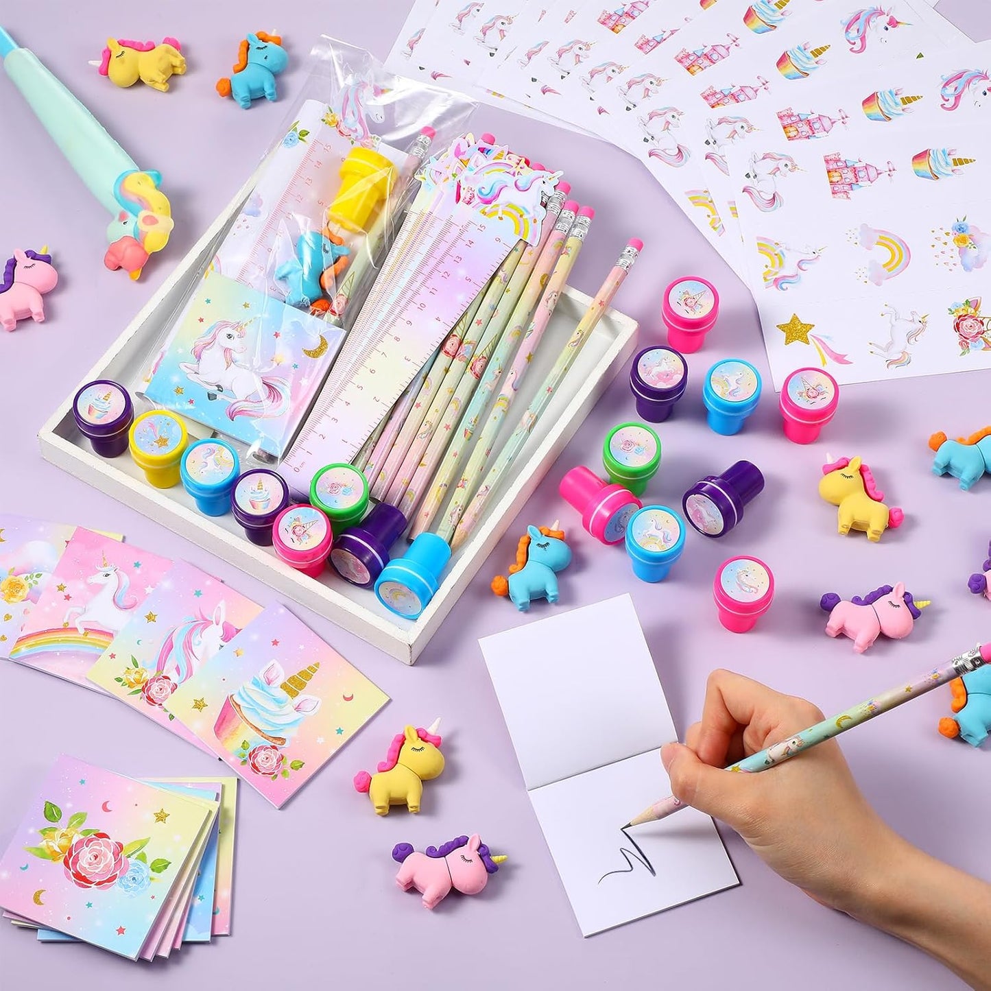 PerKoop 168 Pcs Unicorn Valentine's Day Favors Unicorn Goodie Favor Bags with Mini Notebook Pencil Sticker Stamp Pastel Rainbow Birthday Decor Prizes Gifts Goody Favors Bag Piñata Fillers Supplies