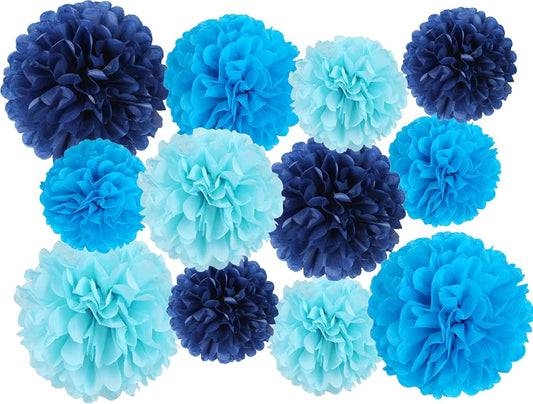 12 Pcs Paper Pom Poms Kit, Tissue Paper Flowers for Birthday, Party, Fiesta, Classroom, Playroom Festive Decorations (Multicolor, Assorted Sizes)