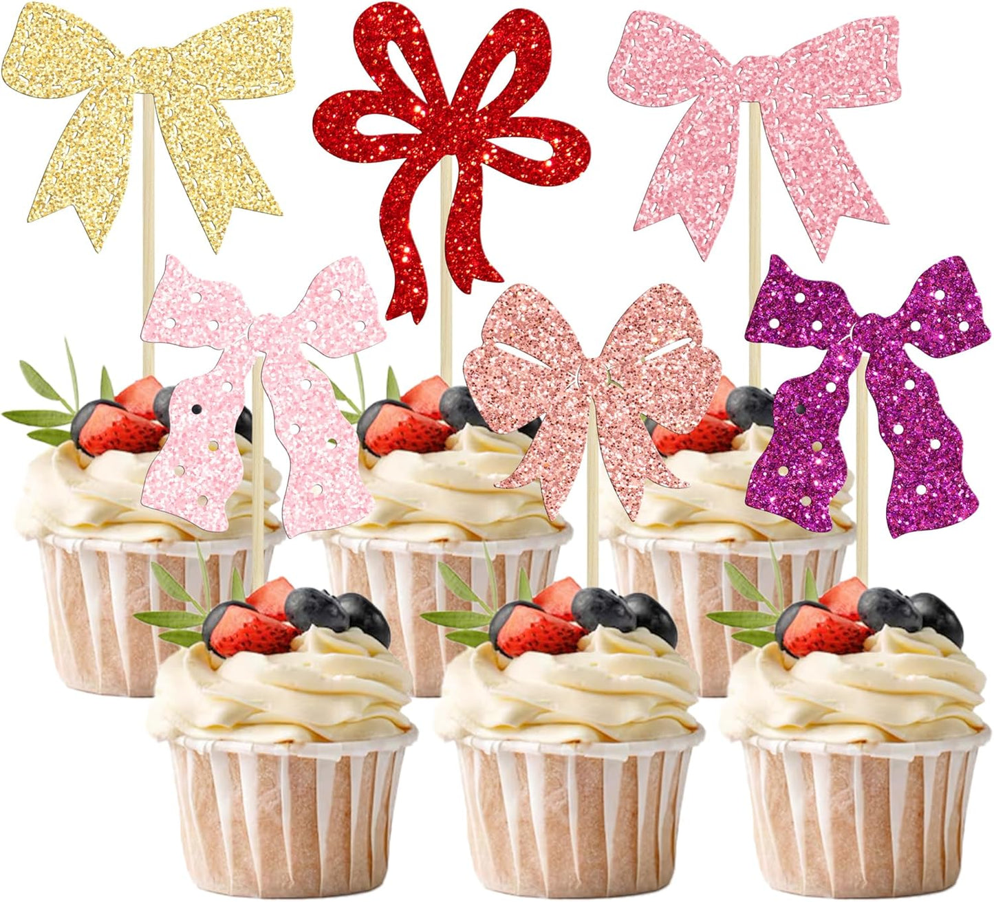 Ephlyn 24Pcs Pink Bow Cupcake Toppers Bow Birthday Cake Topper Girls Birthday Party Decorations Bowknot Cupcake Decorations for Bridal Wedding Themed Party Multi