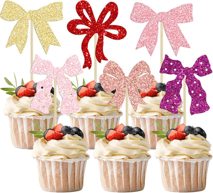 Ephlyn 24Pcs Pink Bow Cupcake Toppers Bow Birthday Cake Topper Girls Birthday Party Decorations Bowknot Cupcake Decorations for Bridal Wedding Themed Party Multi