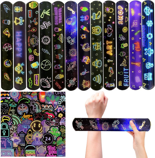 74PCS Neon Party Favor Pack 24PCS Neon Slap Bracelets & 50PCS Neon Vinyl Stickers, Retro Neon Icon Designs, Birthday Party Decorations Supplies, Goodie Bag Fillers