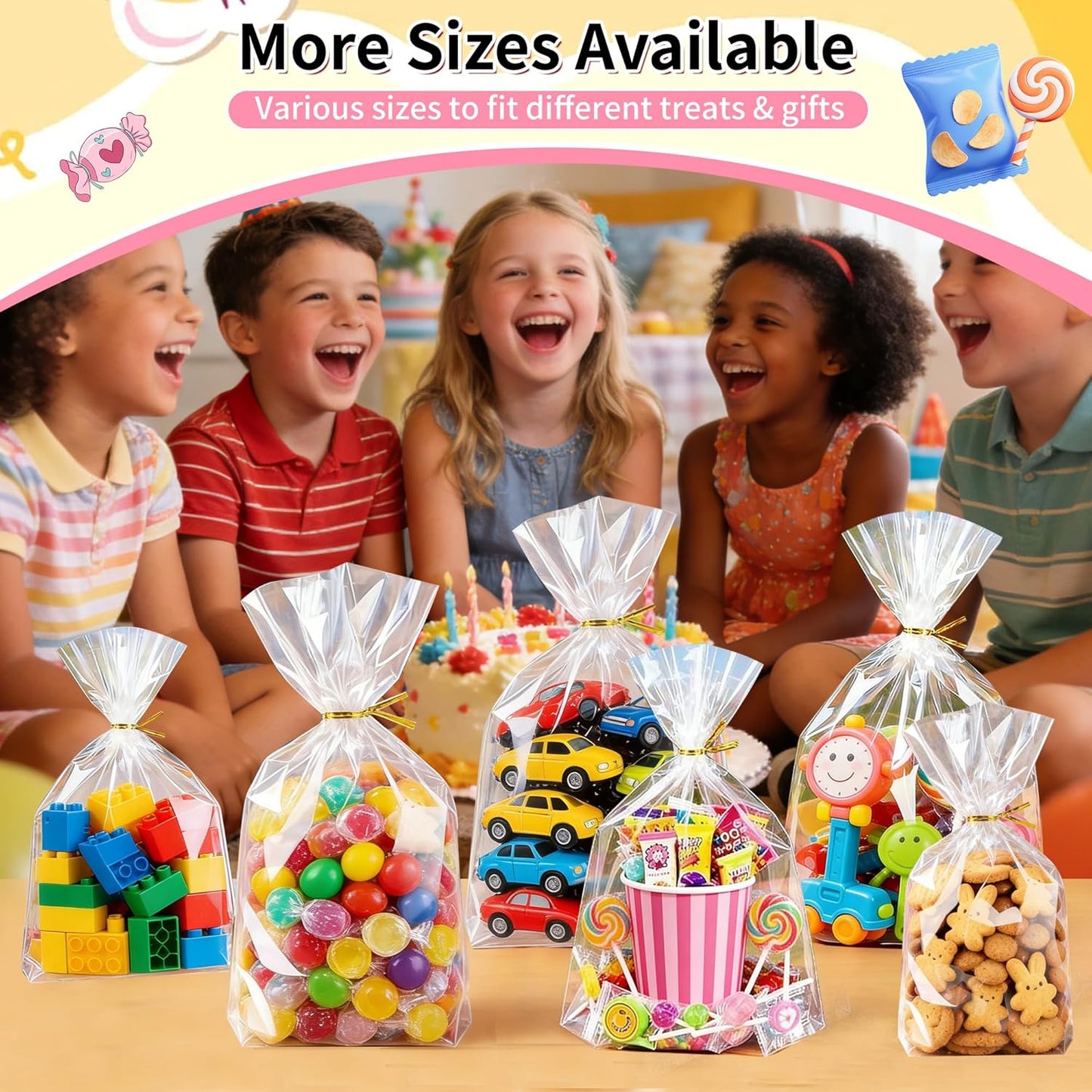 Soarvita 7x10 Inch Cellophane Treat Bags, 50 Pcs Clear Gift Bags with Bottom Gusset for Stand-Up Display, Cellophane Gift Wrap with 60 Gold Ties for Goodies, Treats, Candy, Party Favors, Toys
