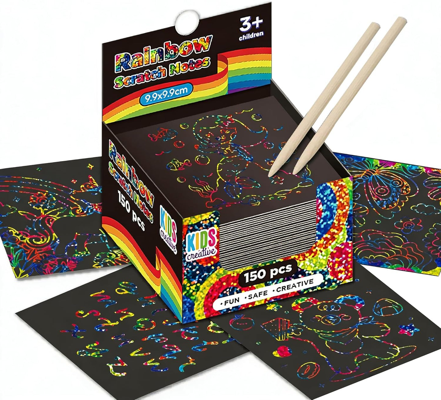 GizzJeveal 150 Pcs Scratch Art Paper Kit, 3 Metallic Colors (Rainbow, Silver, Rose Gold), 3 Stencils & 2 Styluses. Magic Crafts for Kids 3-12, School Rewards, Party Favors, Easter Gifts