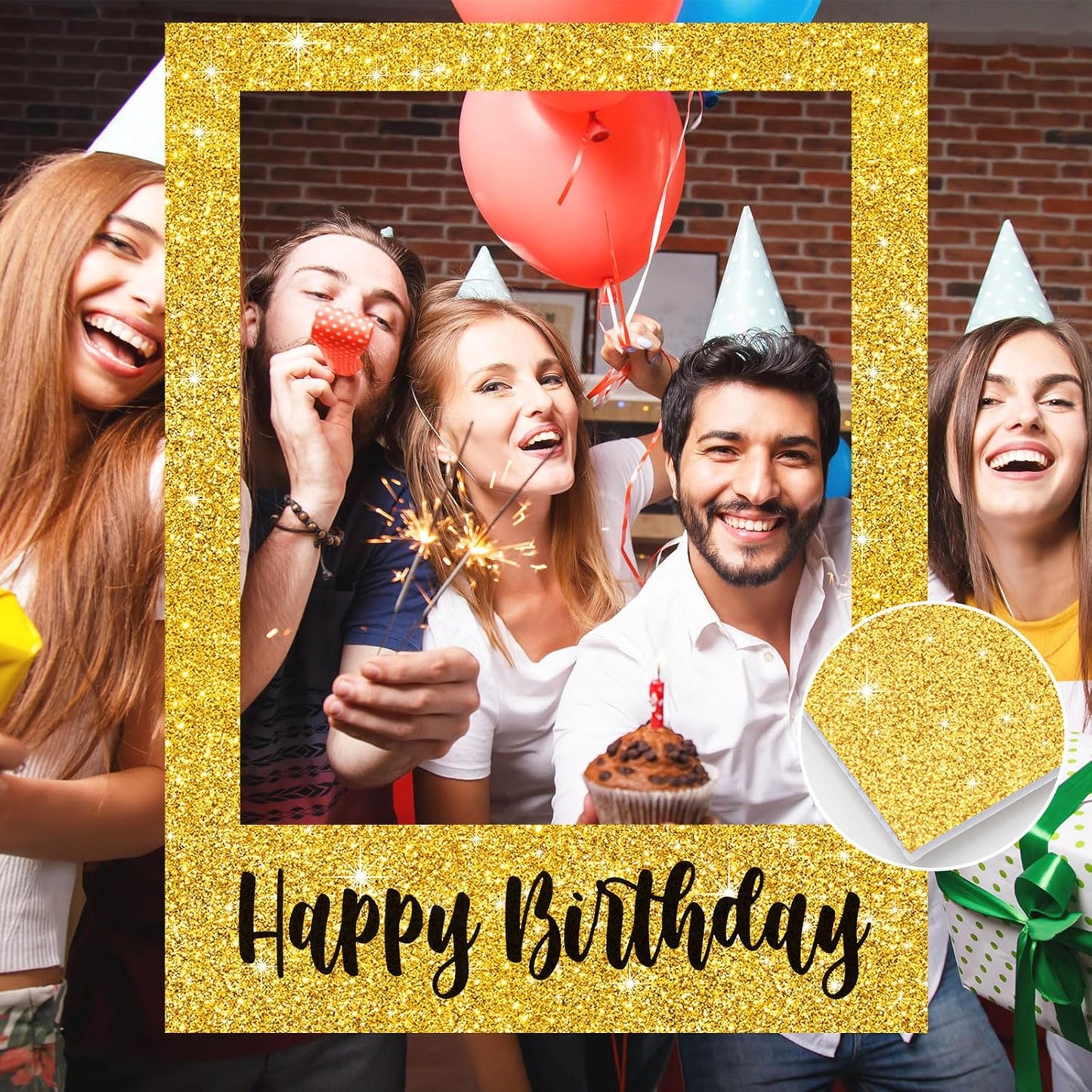 Beeveer 32 x 24 Inch Extra Large Happy Birthday Photo Booth Selfie Frame Props Picture DIY Cutouts Photo Backdrop Cardboard Props for Party Supplies Favors(Vertical,Shiny Gold)