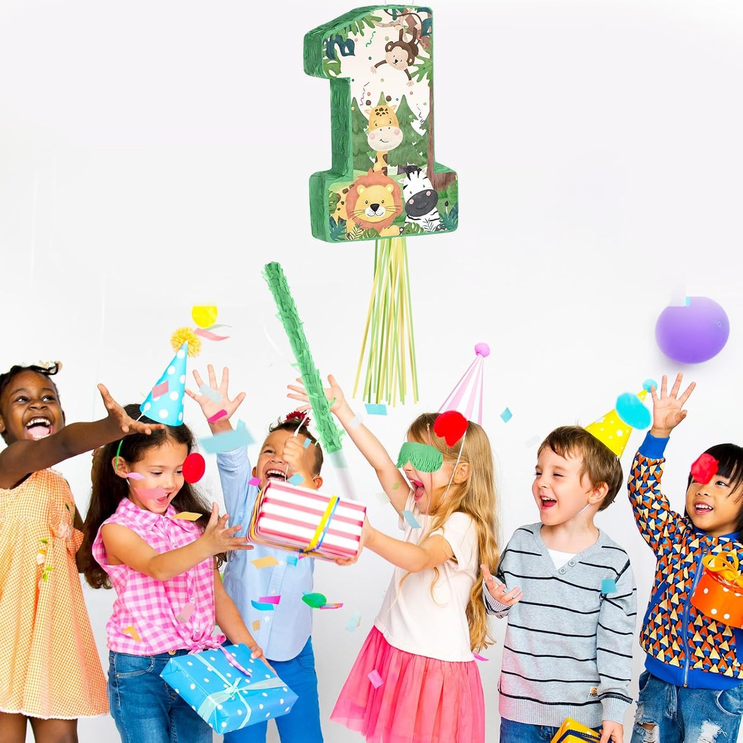 Wild One Piñata Number 1 Pull String Mini Piñata with Blindfold Bat Confetti Wild One 1st Birthday Party Decorations Safari Jungle Party Supplies 16.1 x 10.9 x 2.76 Inch