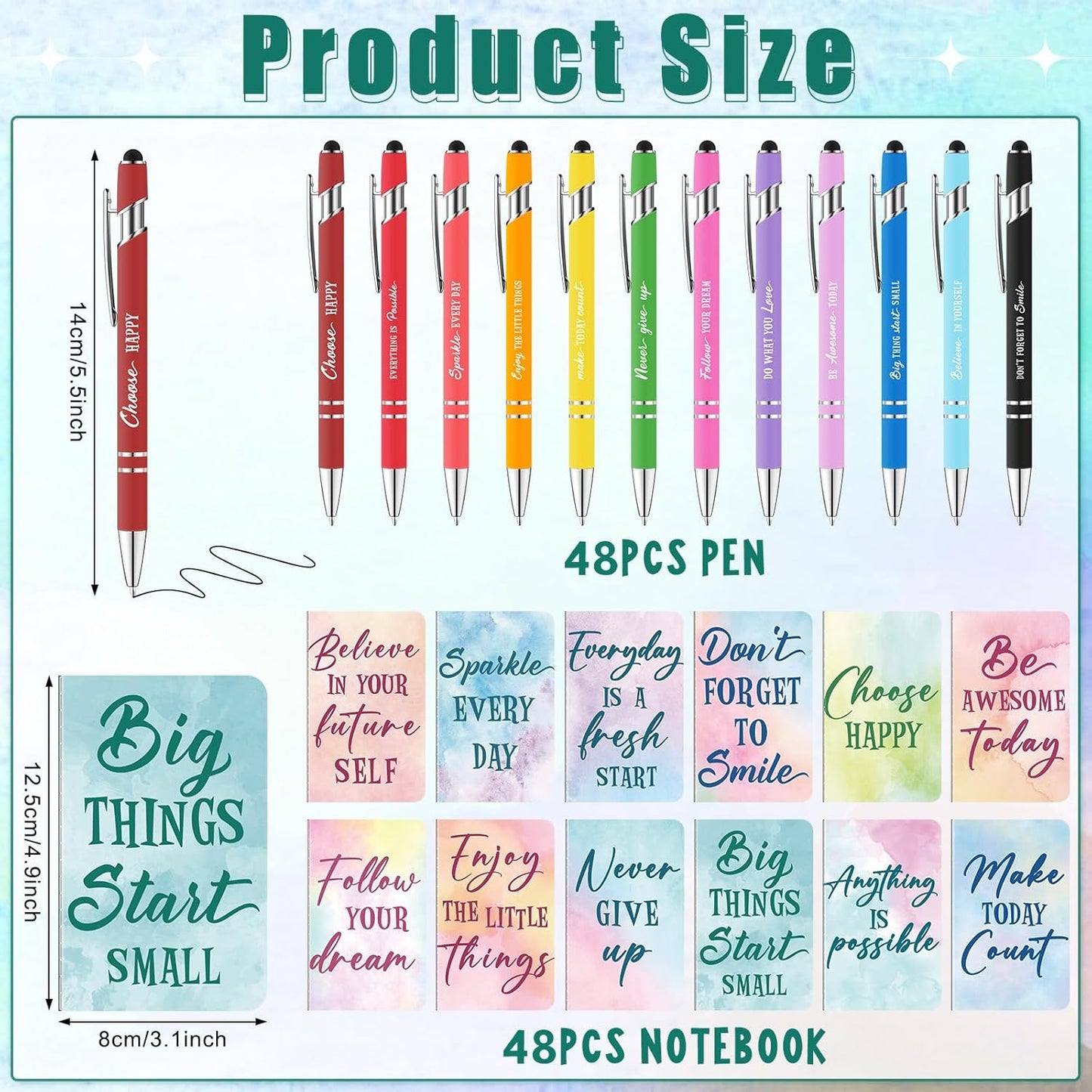 48 Pcs Watercolor Bulk Motivational Pens Inspirational Notepads Set, Pocket Motivational Quote Notebooks Ballpoint Pens, Mini Journals Gift Set for Kids Students Teachers School Office Prizes Supplies