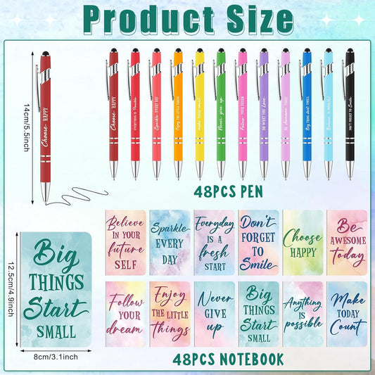 48 Pcs Watercolor Bulk Motivational Pens Inspirational Notepads Set, Pocket Motivational Quote Notebooks Ballpoint Pens, Mini Journals Gift Set for Kids Students Teachers School Office Prizes Supplies