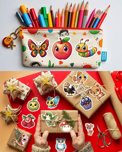 JCFIRE 200PCS Stickers for Kids, Waterproof Cute Mixed Animal Food Vinyl Scrapbook Stickers for Water Bottle, Book, Laptop, Goodie Bags Stuffers Kids Party Favors, Classroom Supplies Must Haves