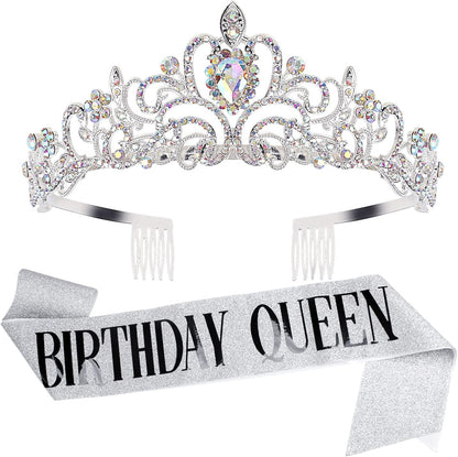 Happy Birthday Queen Tiara Crowns for Women, Red Sash, Party Favors Supplies Gift, 30th Decorations, Stuff Accessories