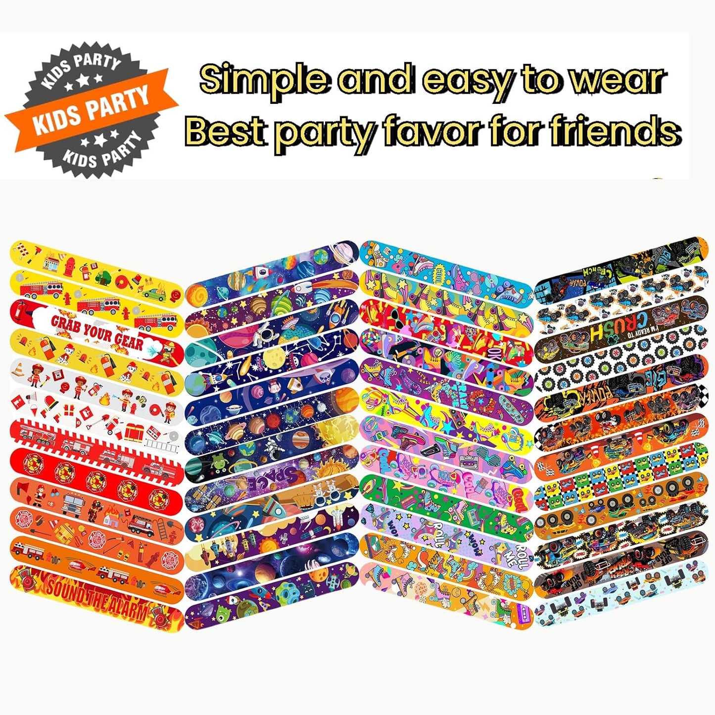 Slap Bracelets Party Favors 48Pcs Slap Bracelets Bulk Party Snap Bracelets Gifts for kids Butterflies,Space multi-themed School Classroom Prizes Exchange (B:Space,Trucks,Fire trucks,Roller skates)