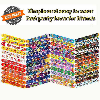 Slap Bracelets Party Favors 48Pcs Slap Bracelets Bulk Party Snap Bracelets Gifts for kids Butterflies,Space multi-themed School Classroom Prizes Exchange (B:Space,Trucks,Fire trucks,Roller skates)