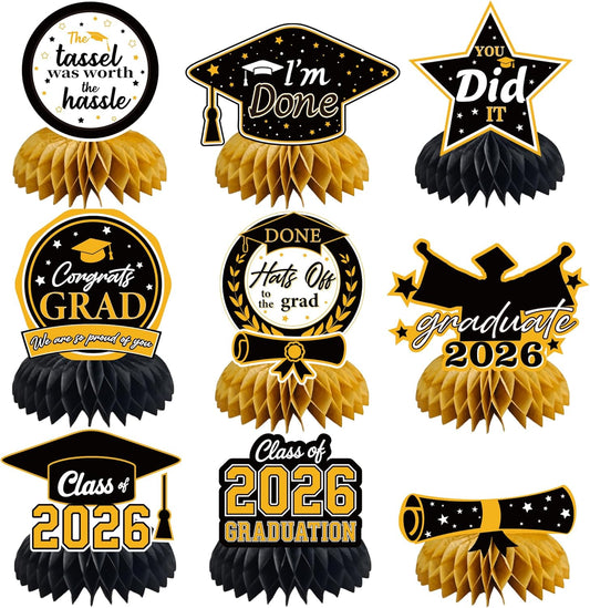 Graduation Decorations 2026 - Black Gold Graduation Honeycomb for Table Centerpiece | Graduation Party Decorations Class of 2026,Table Toppers for Graduation Party Favors Supplies Indoor Outdoor