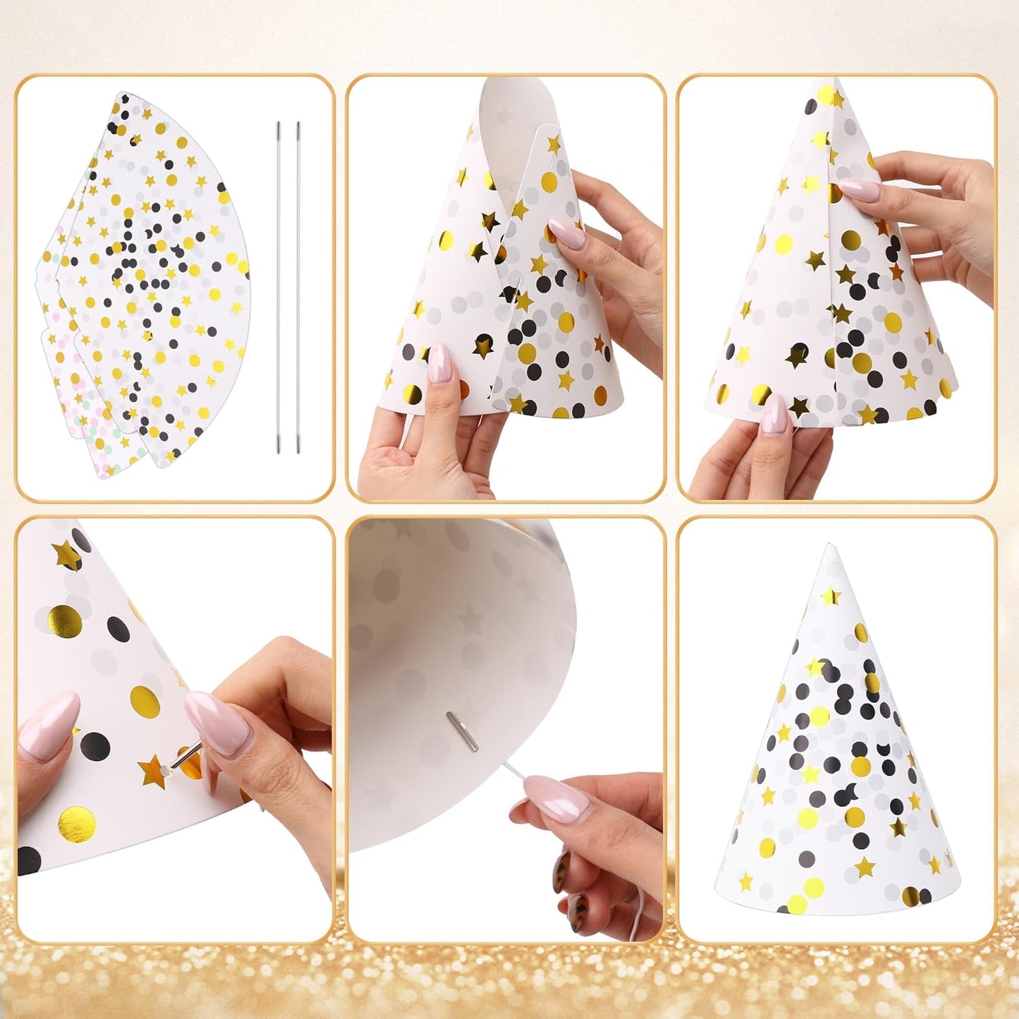 Boieo Party Hats Birthday Cone Hat for Adults Kids Gold Polka Dot Paper with Elastic String 12 pcs