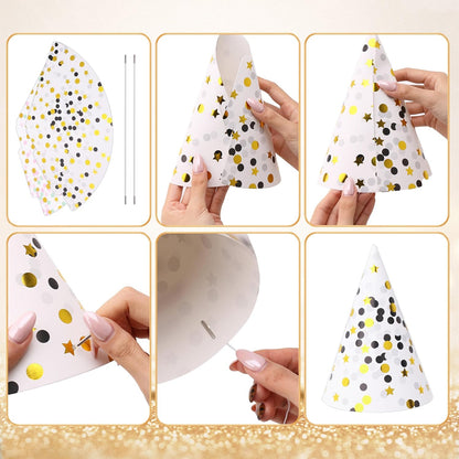 Boieo Party Hats Birthday Cone Hat for Adults Kids Gold Polka Dot Paper with Elastic String 12 pcs