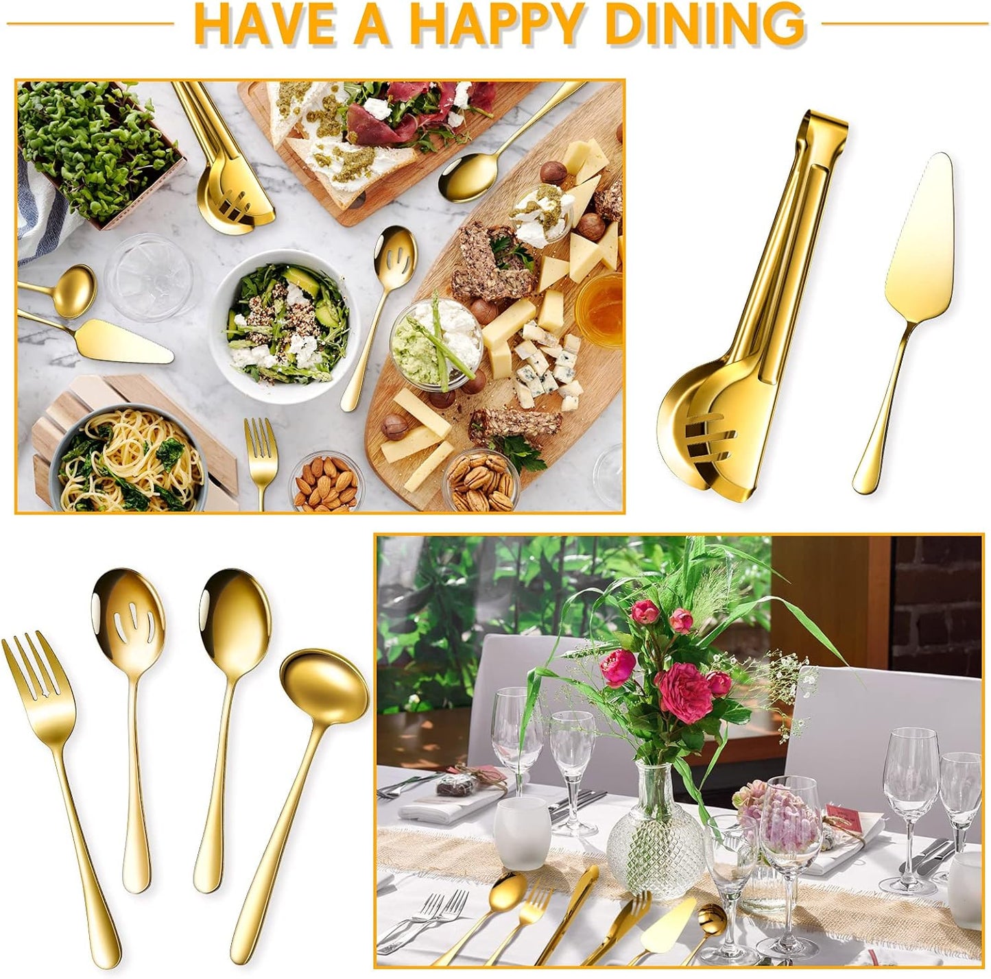 Patelai Serving Utensils Set Include Stainless Steel Large Spoons Slotted Spoons Forks Tongs Soup Ladle and Pie Server for Parties Buffet Catering, Dishwasher Safe(Silver,10 Pieces)