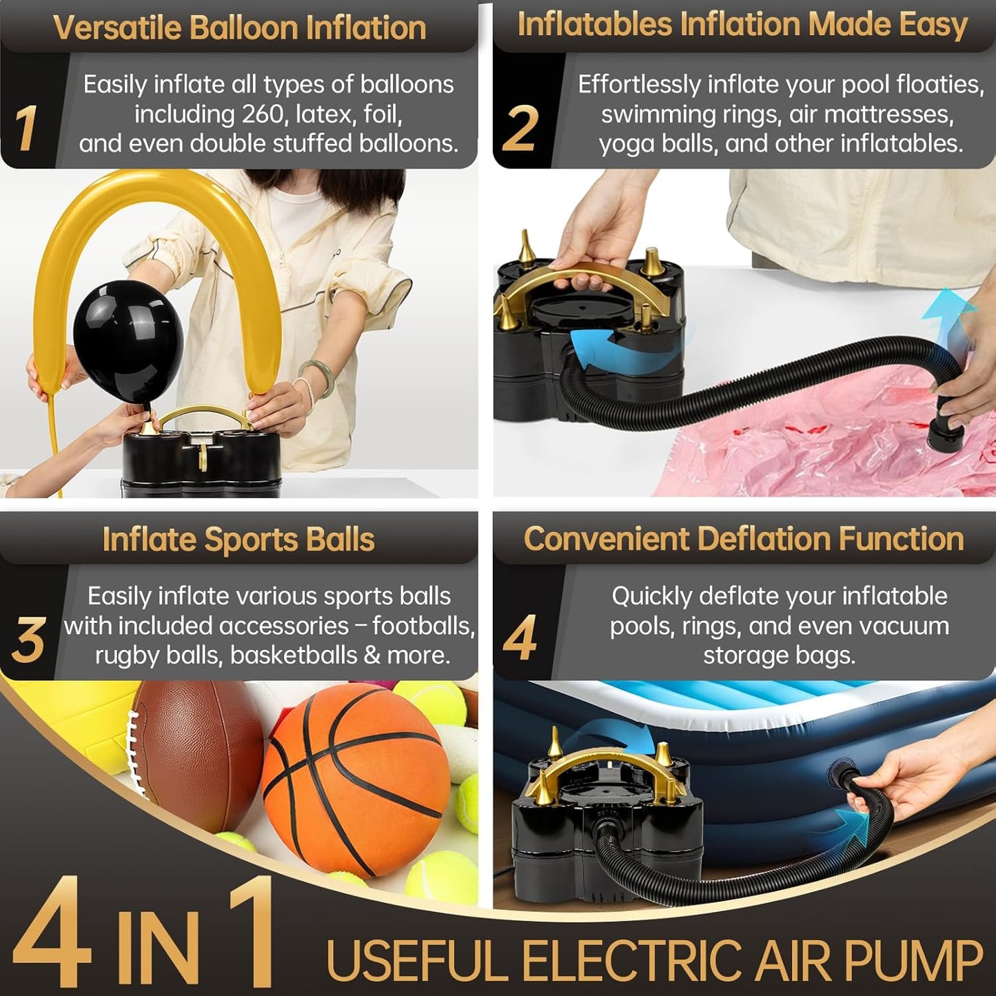 Bezente Balloon Pump Electric, 3-in-1 Portable Black Gold Electric Air Machine Balloon Pump Dual Nozzle Balloon Inflator for Inflatables and Latex 260q Foil Balloons