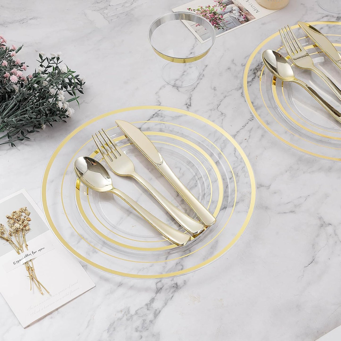 BESTVIP 200PCS Gold Plastic Plate, Disposable Party Plates with 100 Dinner Plates and 100 Dessert Plates, Plastic Plates for Party, Wedding and Birthday