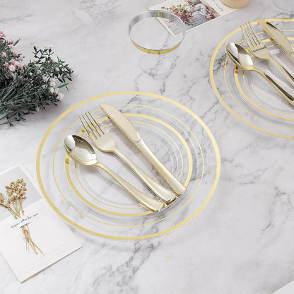 BESTVIP 200PCS Gold Plastic Plate, Disposable Party Plates with 100 Dinner Plates and 100 Dessert Plates, Plastic Plates for Party, Wedding and Birthday