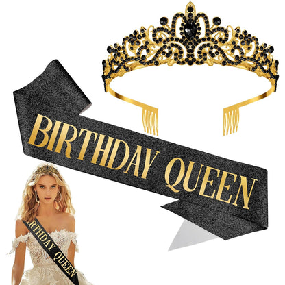 Birthday Sash for Women,Birthday Crown Tiaras for Women,Gold Rhinestone Queen Sash and Crown Tiara Headband for Party Decorations